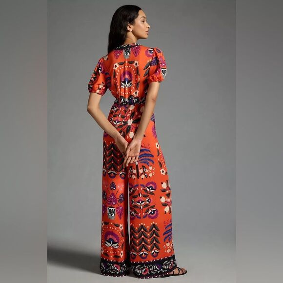 Anthropologie Farm Rio Printed Deep-V Puff-Sleeve Jumpsuit – Size L - Picture 3 of 8